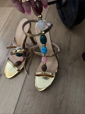 Gold Beaded T-Strap Women's Sandals